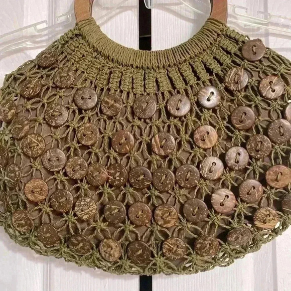 Blue Miami green macrame & dark brown button design crochet purse - Picture 1 of 9